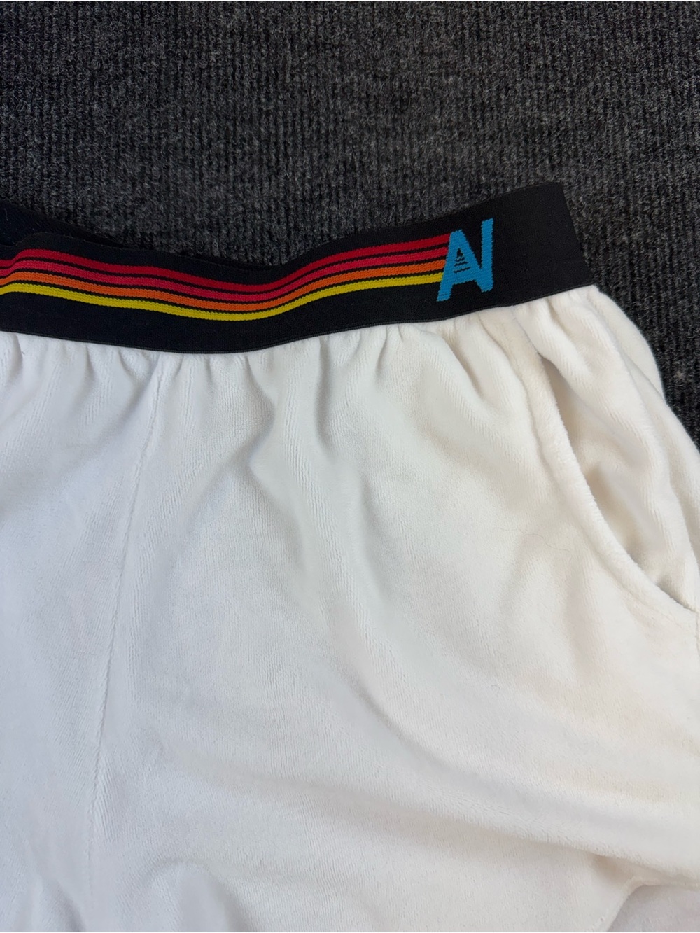 Aviator Nation White Lounge Shorts with Black Rainbow Stripe Waistband - Picture 2 of 7